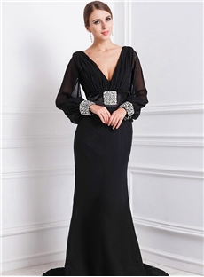 Wholesale Retro V Neck Bride Mother Dresses Crystals Ruches Long Sleeve Chiffon Formal Evening Prom Dresses