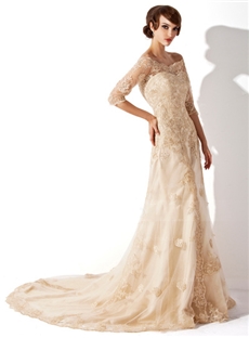 A Line Princess Off The Shoulder Chapel Train Satin Tulle Wedding Dress With Lace