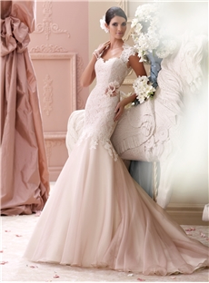2015 New Design Colored Lace Appliqué Cap Sleeves Sweetheart Neck Beaded Lace Belt Wedding Dress