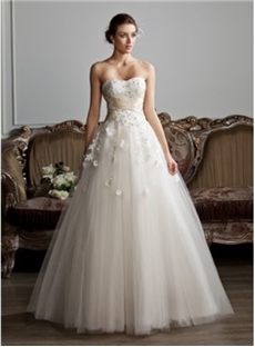 Ball Gown Sweetheart Floor Length Tulle Charmeuse Wedding Dress With Ruffle Sash Beading Appliques Flower S