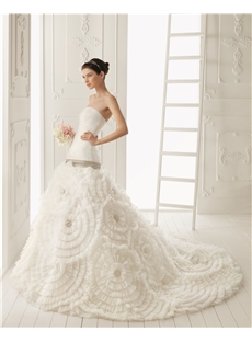 Dramantic A Line Strapless Chapel Train Big Flowers Flowers Wedding Dress