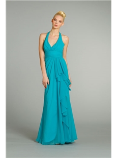 Halter V Neck Side Ruffles A Line Bridesmaid Dress