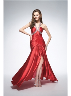 Sexy Sheath Halter Beading Split Front Floor Length Prom Dress