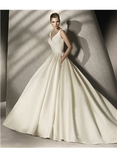 Elegant A Line Straps V Neck Chapel Train Custom Made Wedding Dress With Pocket
