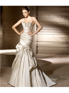 Graceful A Line Strapless Court Train Draped Wedding Dress