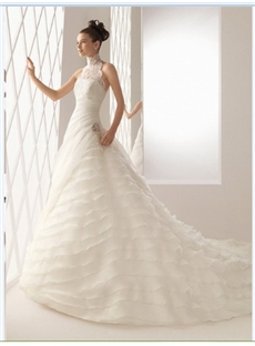 Noble A-Line High Neck Tiered Chapel Train Wedding Dress