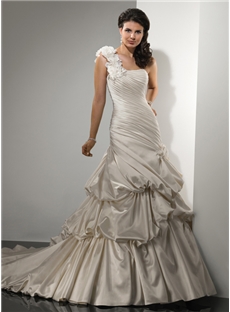 Graceful A-Line Chapel Train Ruched Wedding Dress with Removable One Shoulder