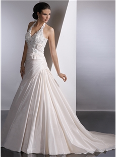 Modest A Line Halter Chapel Train Appliques Wedding Dress