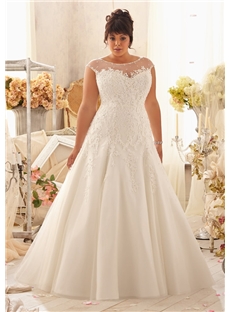 Elegant A Line Floor Length Scoop Appliques Lace Plus Size Wedding Dress