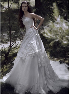 Stylish Terrific A Line One Shoulder Floor Length Court Pick Up Wedding Dresses