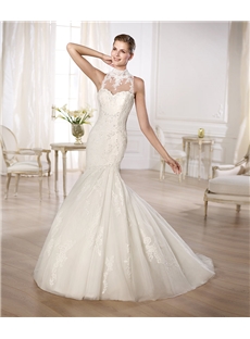 Vintage Mermaid/Trumpet Appliques High Neck Lace Court Train Wedding Dress