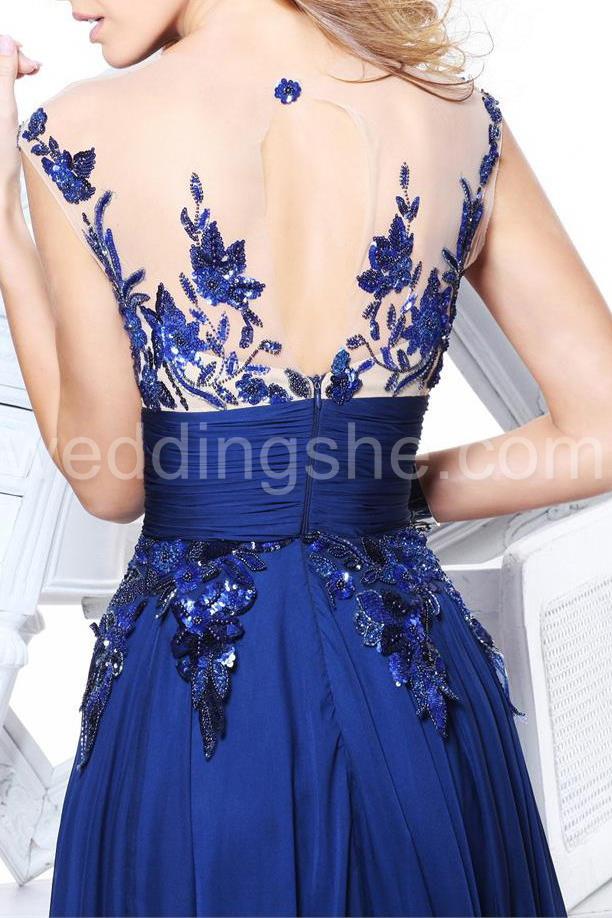 Glamorous A-Line Appliques Tulle Neckline Long Evening Dress
