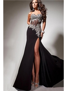 Charming Sweetheart Split Front Appliques A Line Floor Length Evening Dress