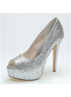 Concise Silver Sequins Peep Toe Platform Wedding Shoes