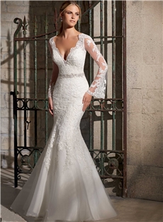 New Coming Lace Appliques on Net With Diamante Long Sleeves Beaded Trim  Wedding Dress  