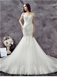 Sexy Trumpet Off The Shoulder Applique Chapel Train Wedding Dress