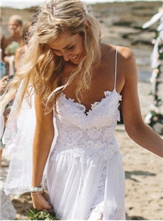 Sexy Spaghetti Straps Backless Lace Wedding Dress