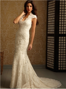 Vintage Inspired V Neck Lace Wedding Dress With Chapel Train