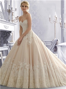 Wide Borded Hemline Lace Tulle Wedding Dress