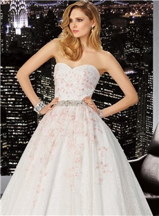 New Elegant Ball Gown Strapless Sweetheart Neckline Mid Open Back Bead Waistband Lace Wedding Dress