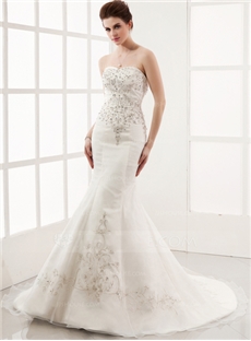 Best Selling Trumpet Mermaid Sweetheart Chapel Train Organza Satin Wedding Dress With Embroidered Beading