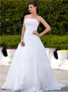 Ball Gown Strapless Chapel Train Organza Satin Wedding Dress With Lace Beading