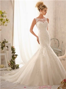 Delicate Mermaid Bateau V Back Embroidered Lace Appliques On Net Wedding Dress