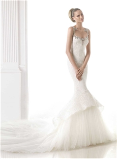 Romantic Mermaid Sweetheart Neckline Embroidered Button Fastening Straps V Back Wedding Dress