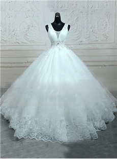 Elegant V Neck Beading Appliques Ball Gown Wedding Dress
