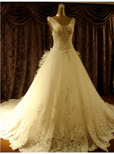Attractive A Line Bowknot Floor Length V Neck Beading Chapel Train Wedding Dress