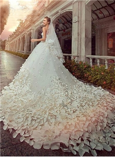 Gorgeous A Line Floor Length Patterned Flower Beading Cathedral Wedding Dress