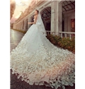 Gorgeous A Line Floor Length Patterned Flower Beading Cathedral Wedding Dress