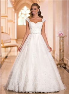 Striking Ballgown Sexy Shoulder Straps Beaded Waistband Cathedral Train Lace Wedding Dress