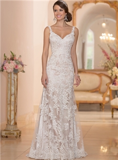 Stunning Sheath Vine Shoulder Straps V Neck Embroidered Lace Wedding Dress