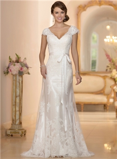 Stunning Timeless Sheath V Neck Illusion Sleeves Keyhole Back Embroidered Lace Wedding Dress With Ribbon Sash