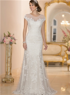 Fashion Vintage Sheath Illusion Neckline Keyhole Back Lace Satin Wedding Dress