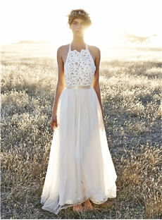 Striking A Line Illusion Halter Neck Two Tone Sketch Wedding Dress With Satin Ribbon