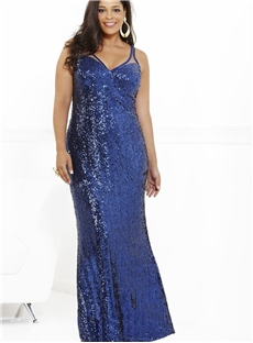 Shining V Neck V Back Floor Length Plus Size Evening Dress