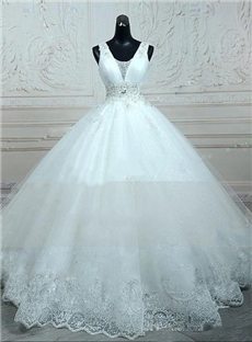 Delicate Straps Beading Appliques Lace Up Ball Gown Wedding Dress