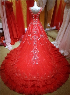 Luxury V Neck Beading Crystal Chapel Train Wedding Dress