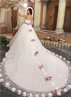 Delicate Sweetheart Bowknot Flowers Chapel Train Wedding Dress