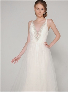Graceful A Line Deep V Neck Spaghetti Straps Beading Wedding Dress