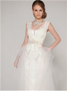 Striking A Line Straps V Neck V Back Lace Bodice Tulle Skirt Wedding Dress