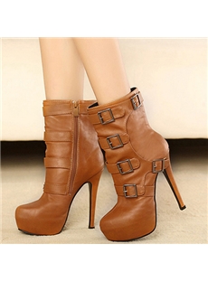 Fashion Buckles Zipper Brown Ankle Boots