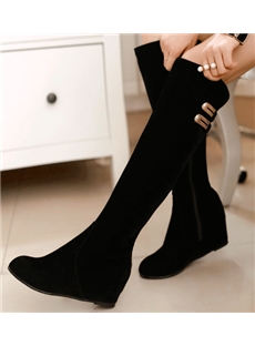 Black Round Toe Elevator Heel Knee High Boots