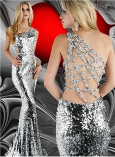 Glamorous Trumpet Mermaid One Shoulder Paillette Beading Sweep Brush Train Tulle Dress
