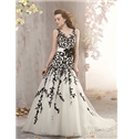 Stunning A Line Black And White Beaded Appliques Tulle Wedding Dress