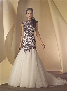 Stunning Sheath High Neck Appliques Tulle Wedding Dress