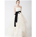 Glamour Ball Gown Strapless Zipper Up Back Tulle Appliques Wedding Dress With Black Sash At Waist