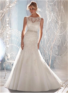 Stunning Organza Satin A Line Illusion Bateau Neck Raised Waistline Wedding Dress